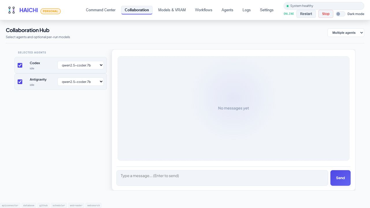 HAICHI collaboration workspace showing local agents and their visible work